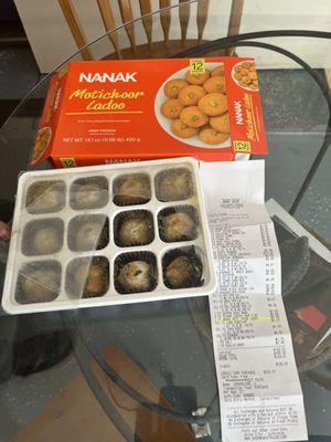 Box of ladoo sweets showing the receipt telling when was it bought