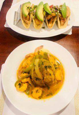 Flounder fish tacos & shrimp Mofongo Salsa Criolla con Camarones