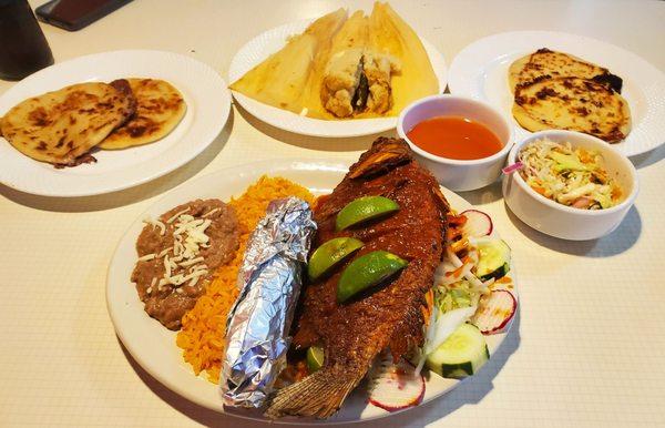 Red bean pupusa, cheese and jalapeño tamale,  cheese pupusa and mojarra