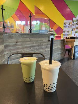 Matcha milk tea and maple milk tea with boba