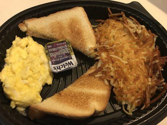 Basic American breakfast. Prepared well. Eggs cooked in pan not on griddle.