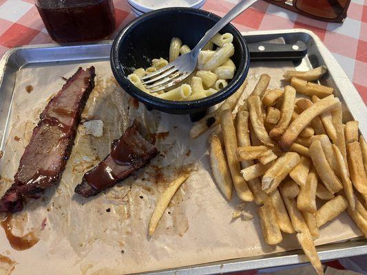 Smoked brisket with Mac and cheese and frys.