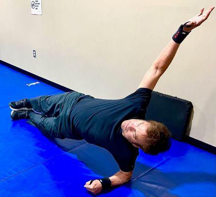 Side planks help stabilize the shoulder/rotator cuff muscles as well as the core spine stabilizers