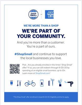 We encourage our customers to sign up for this  credit on your Amex card and you will save every time you #shopsmall until September 2020.