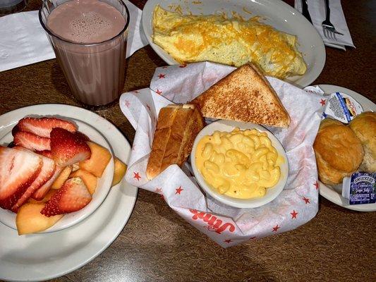 Grilled Cheese Sandwich, Macaroni and Cheese, Fruit, Biscuits, Chocolate Milk, Omelette