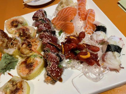 Rock and Roll with avocado and no asparagus, eagle roll no mayo, salmon and tako sushi, baby octopus and salmon sashimi.