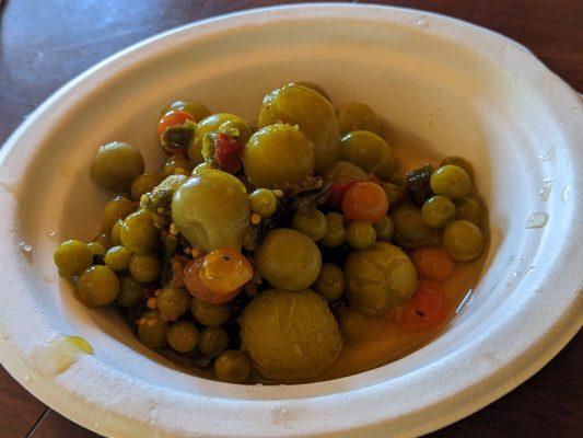 Pickled tomatoes and peas