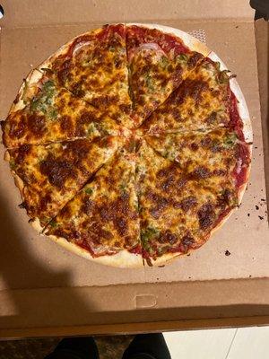 Thin crust pizza with onions and green pepper