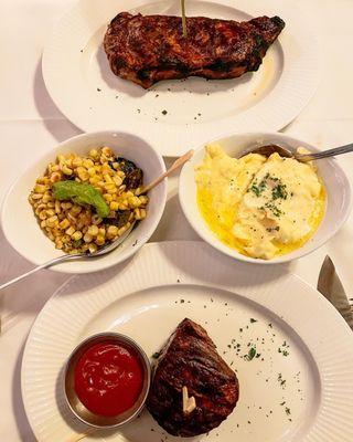 Ribeye, corn sauté, mashed potatoes, filet and steak sauce