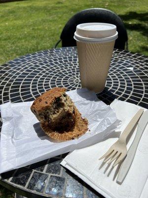 Banana muffin with almond milk cappuccino.