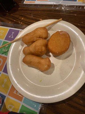 Sweet sour chicken and sugar dumplings.