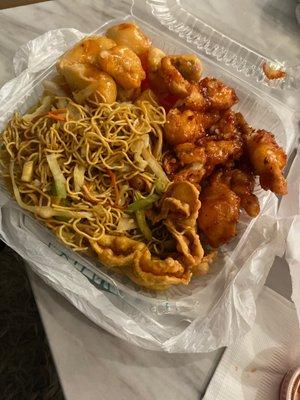 Sweet and sour pork, vegetable lo mein, Crab Puffs and orange chicken. This is what was left after I ate until I was full