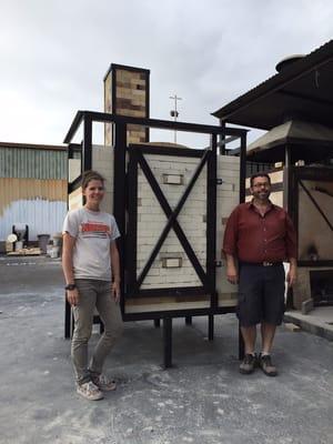 Master kiln-builder Ted Neal and assistant Collette Spear with new soda kiln