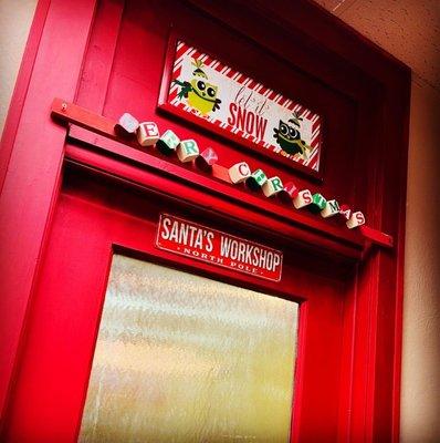 Outside door to Elf Hunt!, our Christmas escape room.