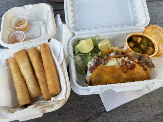 Quesa Burria tacos on the right (spring rolls from a different food truck)