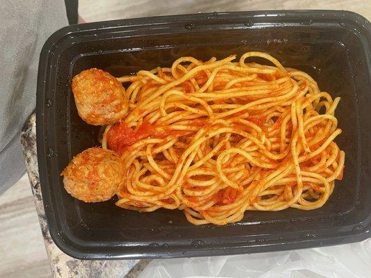 Spaghetti and meatballs....kids portion. Adult portion had four meatballs.