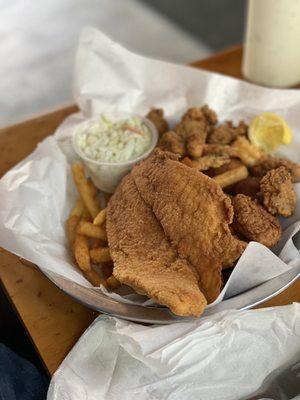 Fried shrimp platter with flounder added. My son loved it.