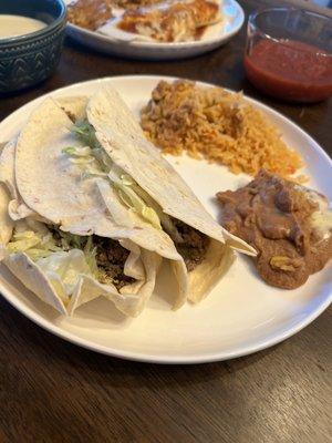 Combo: 2 Beef Tacos with Rice and Beans