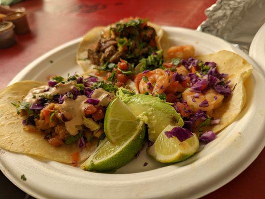 Carne Asada, Carnitas, and Shrimp Tacos