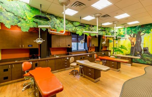 Open bay treatment area with fun safari theme and tv's above every chair!