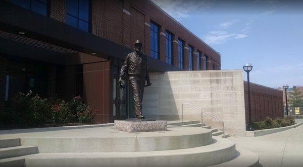 At the entrance Bo Schembechler Statue out front of Schembechler Hall