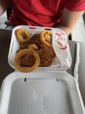 Chicken strip tray, onion rings , cheese bites