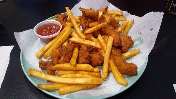 Fried shrimp with a side of fries.