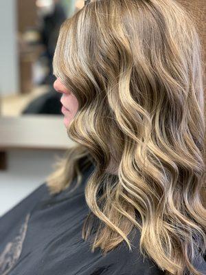 Blonde balayage + camouflage gray face framing natural highlights