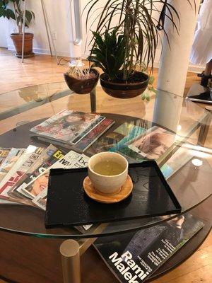 Complimentary green tea while I wait.