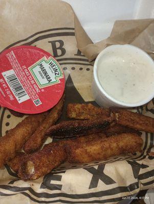 Fried zucchini sticks with ranch and marinara.