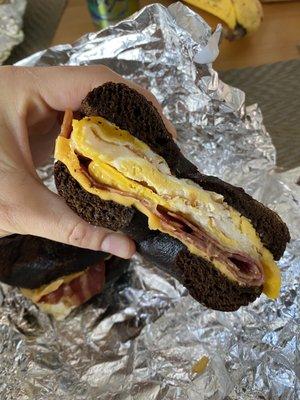 Pumpernickel bagel with turkey bacon, cheese, and 2 eggs ($9.25, delivery)