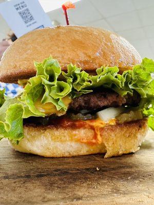 Blue and white burger