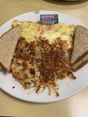 Veggie omelet with extra crispy hashbrowns