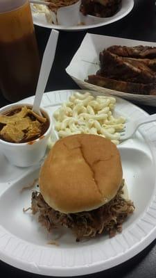 Pulled pork, mac salad, rojo chili and ribs!