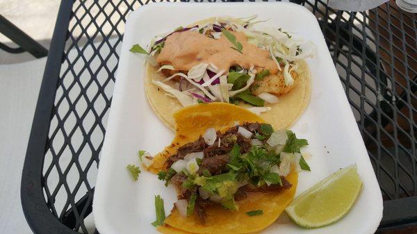 Barbacoa taco in front and fish taco in back.  Both so delicious that I couldn't decide which one I liked better.