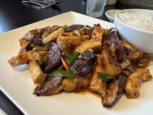 Spicy eggplant and tofu in garlic sauce.