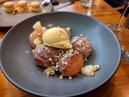 glazed doughnuts, apple, popped sorghum streusel, miso caramel ice cream