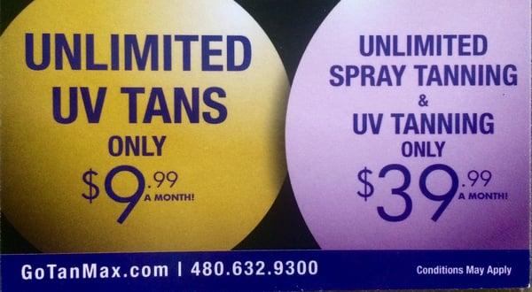 unlimited sun tans $9.99 unlimited spray tans $39.99 see store for details