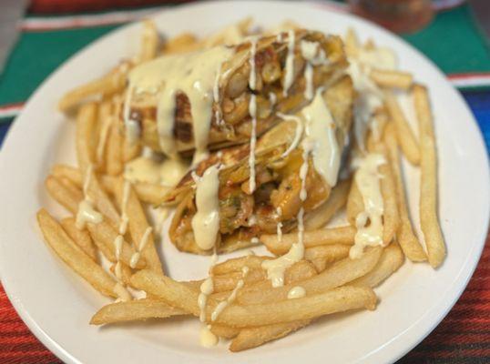 Grilled Shrimp Burrito with Fries.