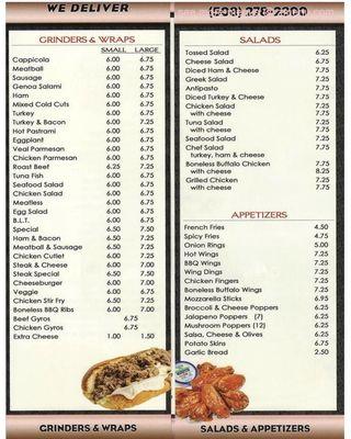 Partial menu and might be outdated but shows what they offer for Sandwiches, Salads and Apps