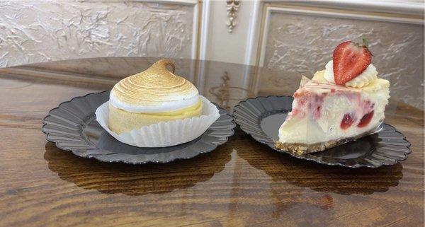 Lemon meringue tart and strawberry cheese cake.