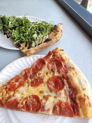 Pepperoni Pizza  Fungi Quatro Formaggi slice with roasted mushrooms, gargonzola, Fontini, ricotta, Reggiano and Arugula