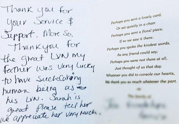 Lovely thank you message from family of a patient we had the pleasure of servicing.