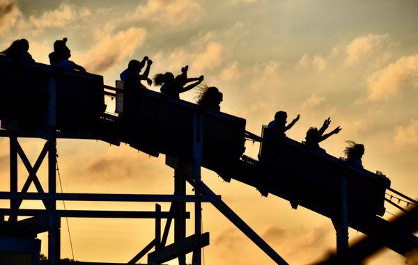 Summer evenings at Kennywood: does it get any better? The classic Thunderbolt rollercoaster has thrilled riders since 1968.