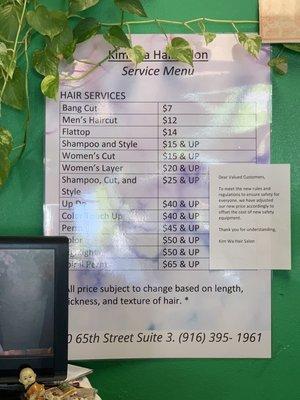 New hair services pricing as of 06/03/20 due to COVID-19.