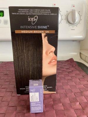 One Ion Intensive Shine (4N) Medium Brown Haircolor and one Absolute Perfection Booster Step I Solution.