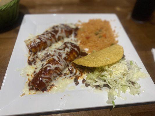 Chicken Enchiladas, Beef Taco & Rice