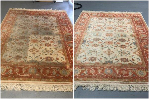 Before and after washing this modern Pakistani wool rug.