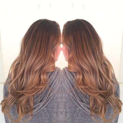 Golden blonde ombré with face frame highlights and long layered haircut