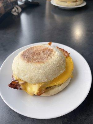 Bacon egg and cheese on English muffin